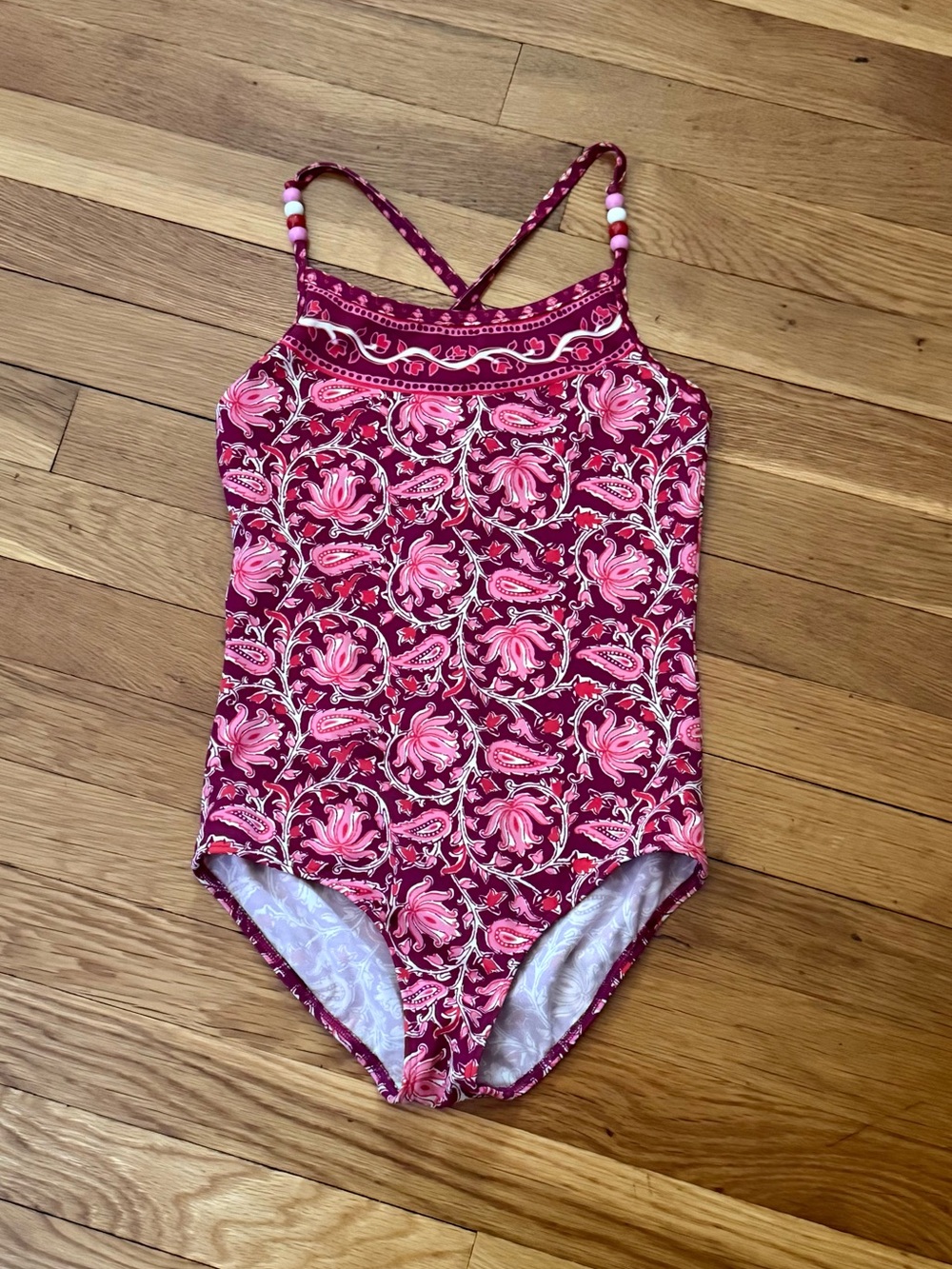 Mini Boden 9-10Y One -Piece Swimsuit with Beaded Details and Crossback Straps